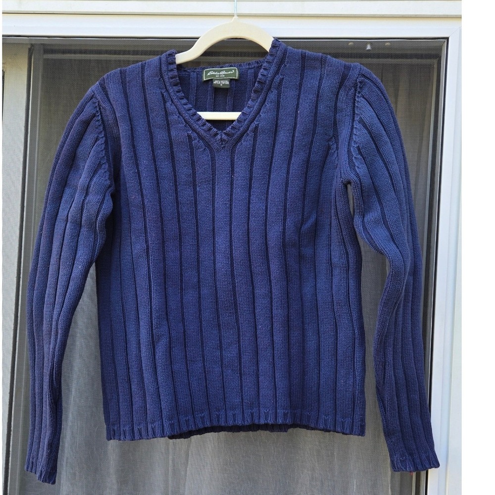 Eddie Bauer Womens Navy Blue Ribbed V-Neck 100% Cotton Pullover Sweater Small